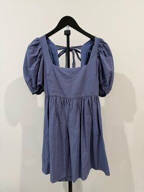Square Neck Puff Sleeve Mini Dress in Slate Blue